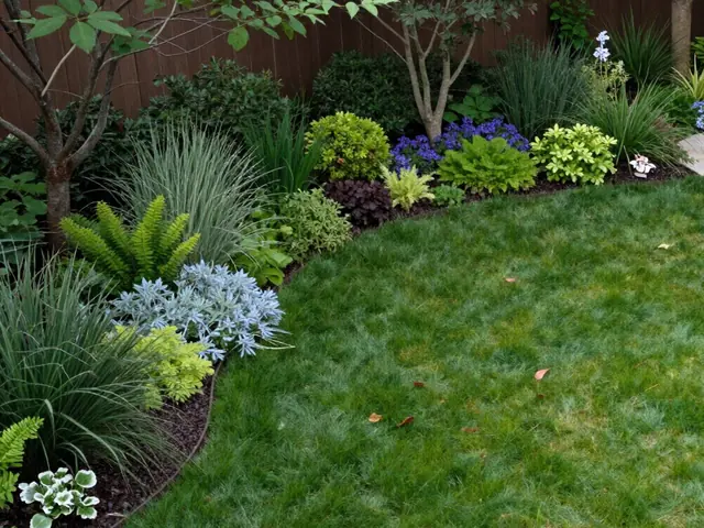 Curved mulched garden bed planted with ornamental grasses